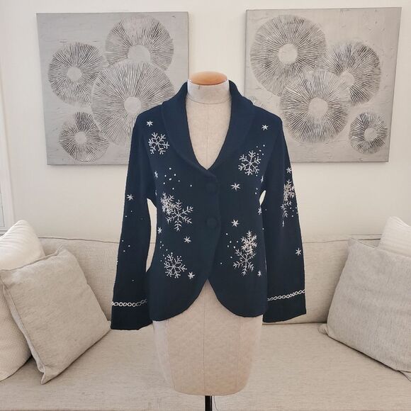 Charter Club Wool Cardigan Blazer Sweater with Snowflakes Size Medium - Picture 1 of 10
